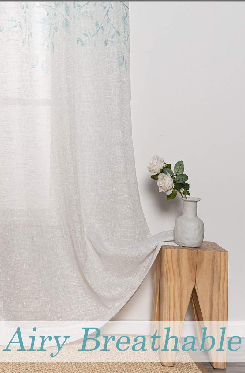 Central Park Leaf Floral Print Metallic Sheer Window Curtain Panel for Rustic Living Room/Bedroom Sparkling Decorative 6 Grommets Top Drape Panels Farmhouse Curtains, Teal Blue,40" x 84"x2, 2 PK - Image 4